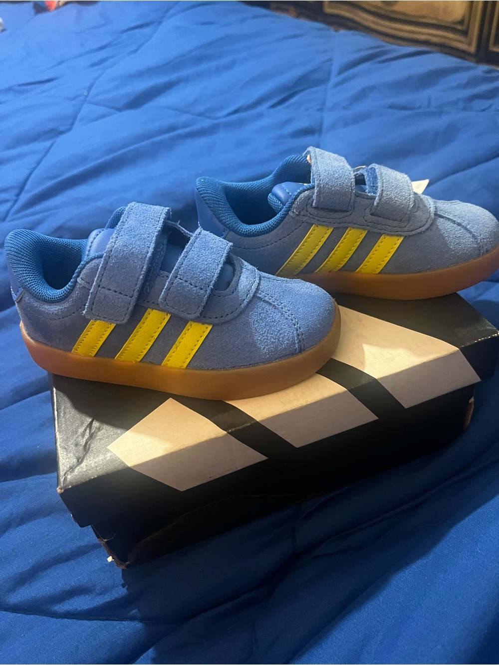 adidas Kids Blue Suede Sneakers with Yellow Stripes